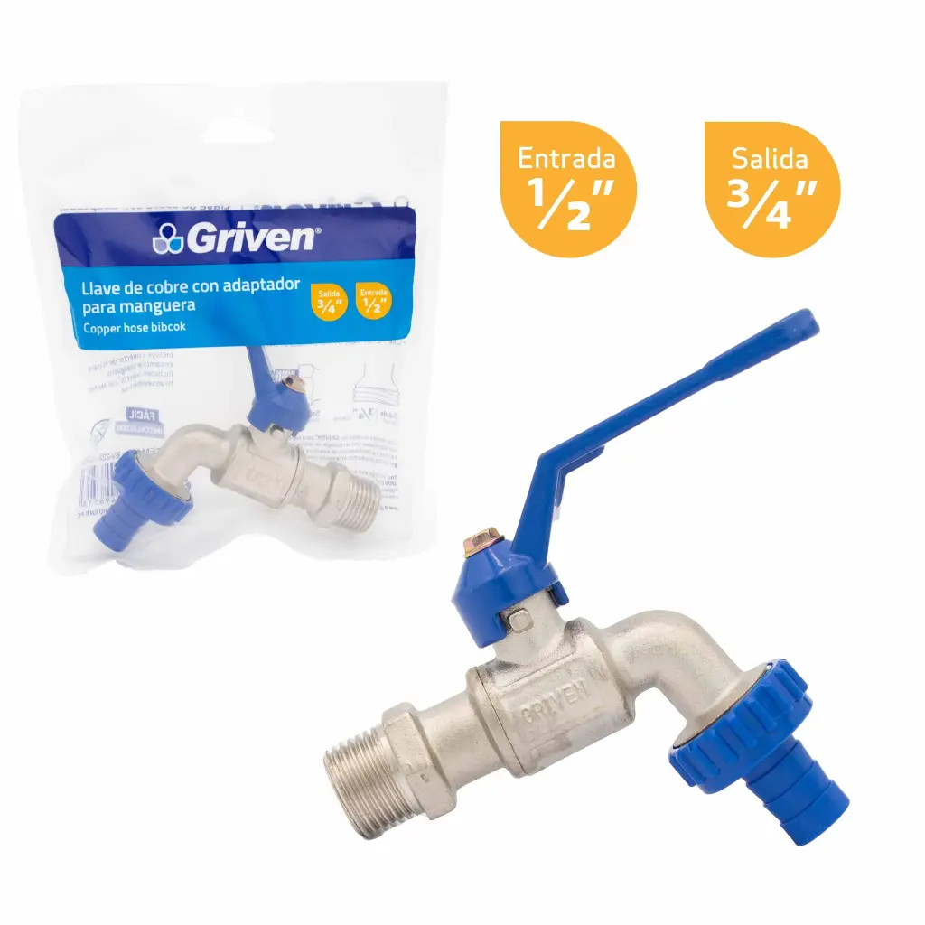 LLAVE DE COBRE CON ADAPTADOR PARA MANGUERA SALIDA 3/4" ENTRADA 1/2"