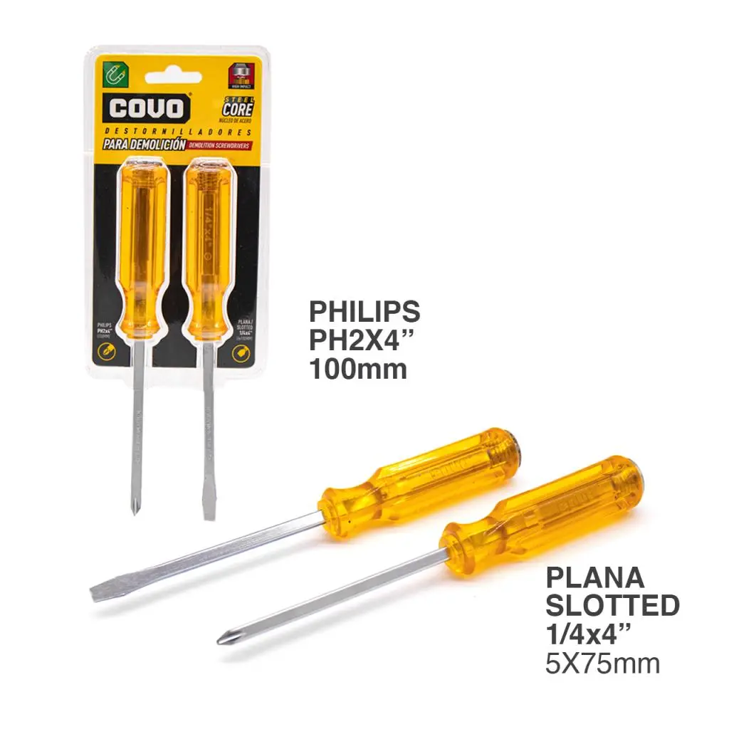 JUEGO X2 DESTORNILLADORES 4' DEMOLICIÓN MANGO ACETATO BLÍSTER