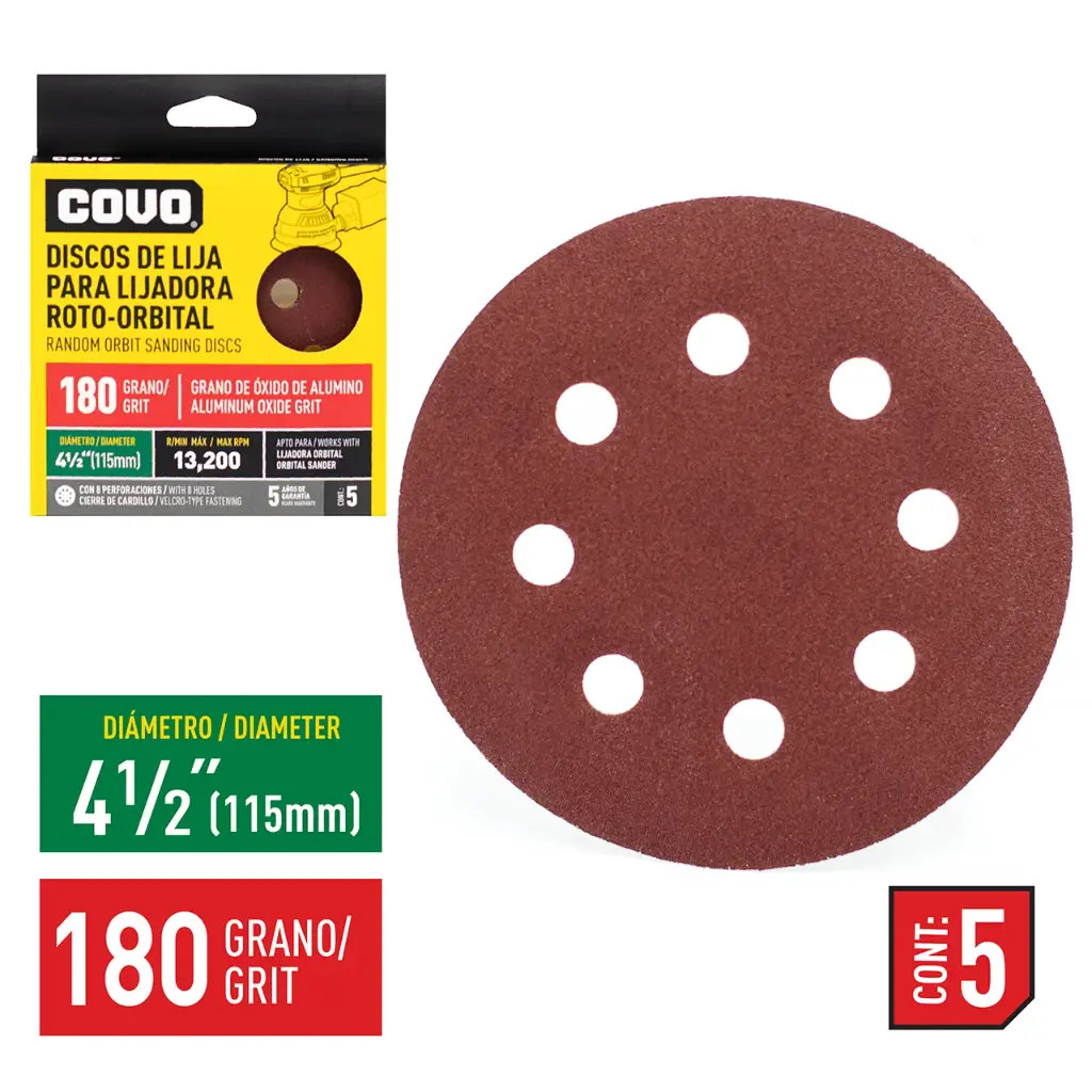 DISCOS PARA LIJADORA ROTO-ORBITAL 4-1/2" GRANO 180 X 5 UNDS.