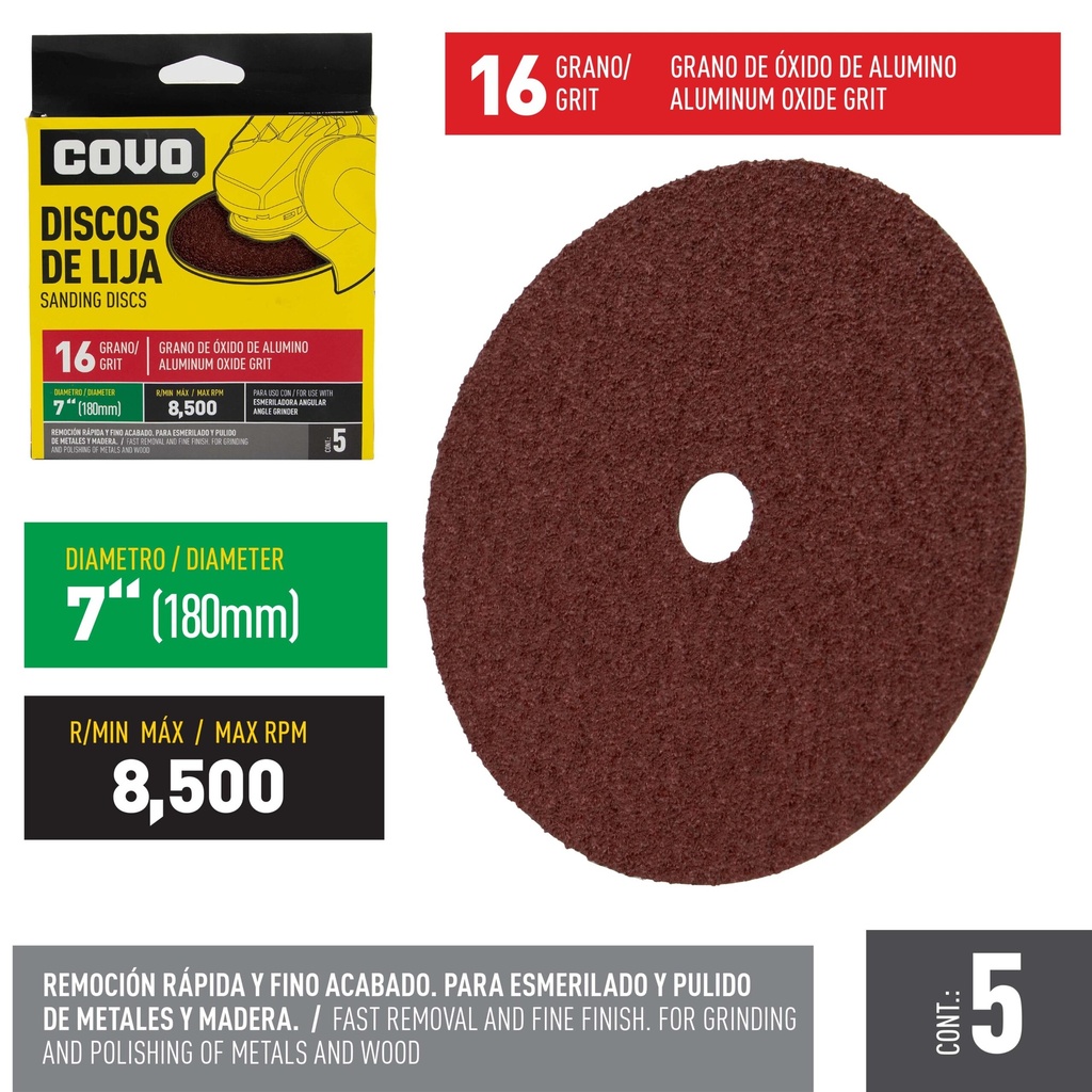 DISCO DE LIJA 7" GRANO 16 X 5 UND
