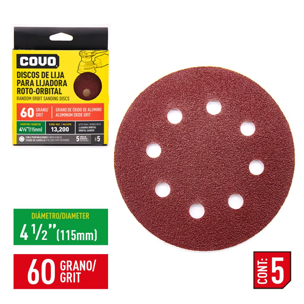 DISCOS PARA LIJADORA ROTO-ORBITAL 4-1/2" GRANO 60 X 5 UNDS