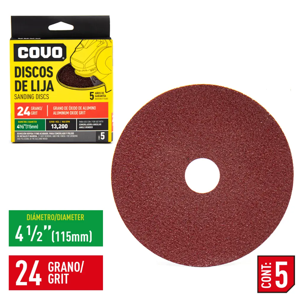 [(CV-SD-1524)] DISCOS DE LIJA 4.1/2" GRANO 24 X 5 UNDS