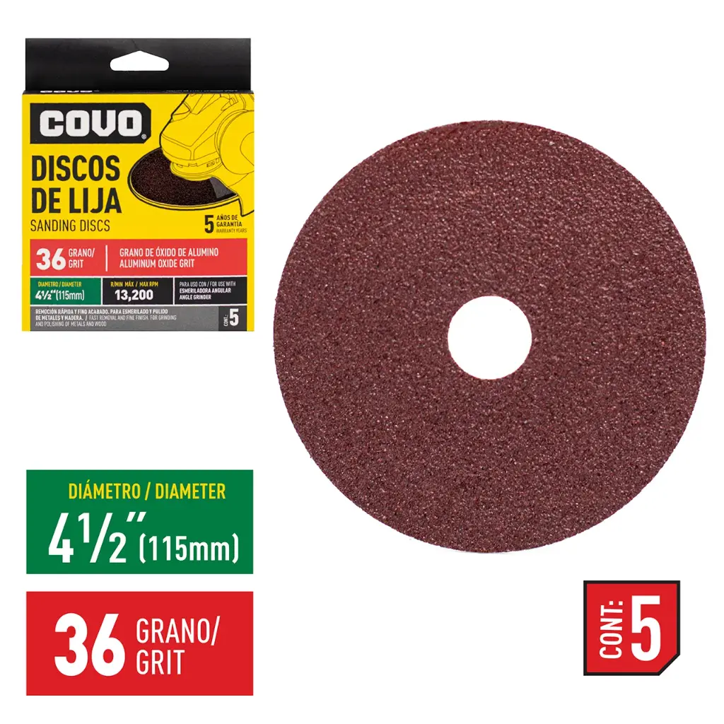 DISCOS DE LIJA PARA ESMERIL 4.5" GRANO 36 X 5 UND