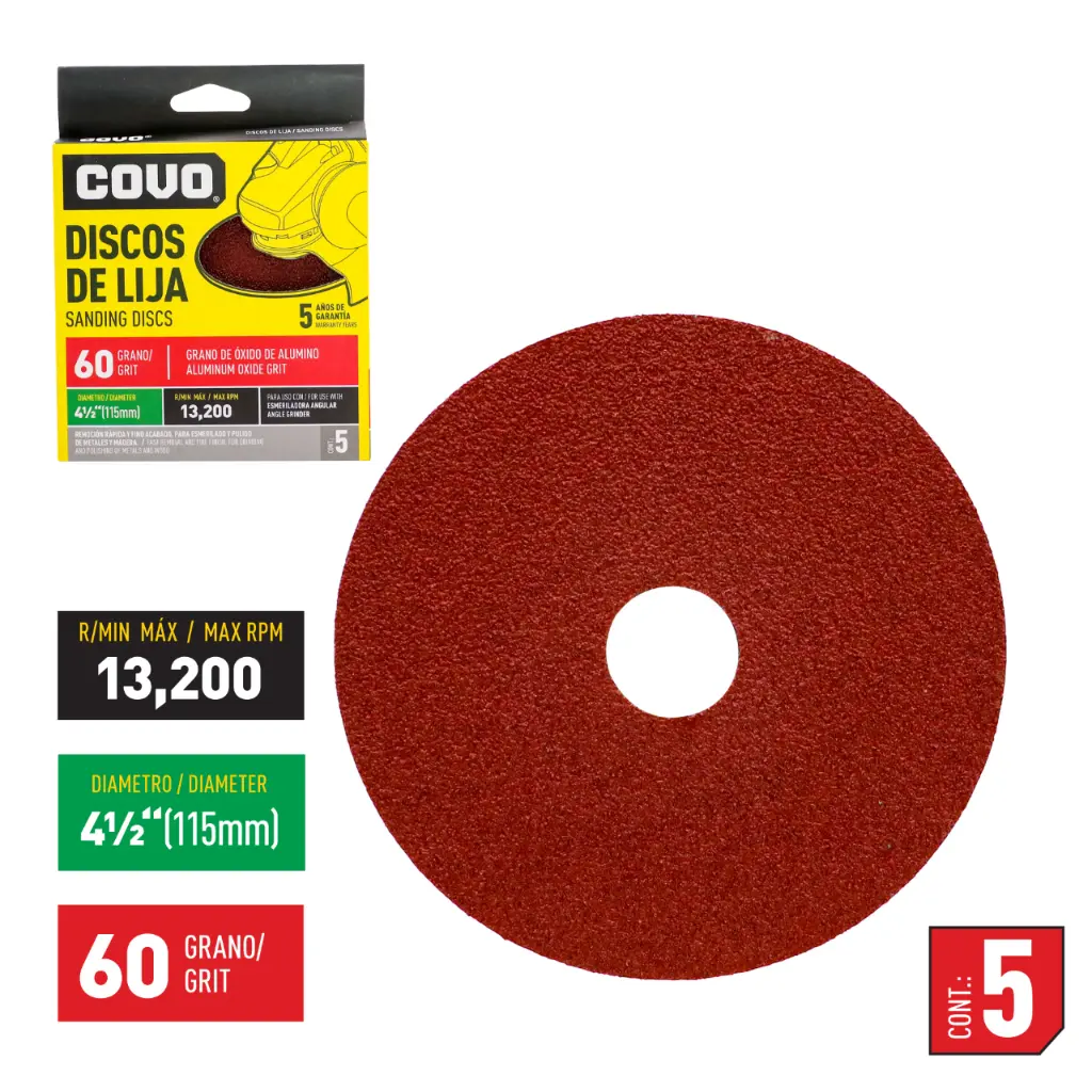 DISCOS DE LIJA PARA ESMERIL 4.5' GRANO 60 x 5 Unds.