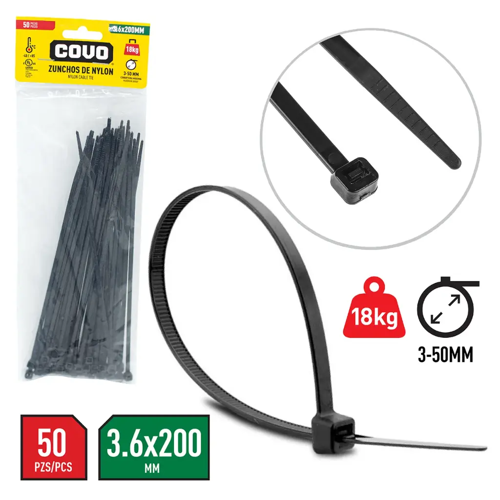 AMARRE NYLON 3,6X200MM NEGRO X 50 Unds.