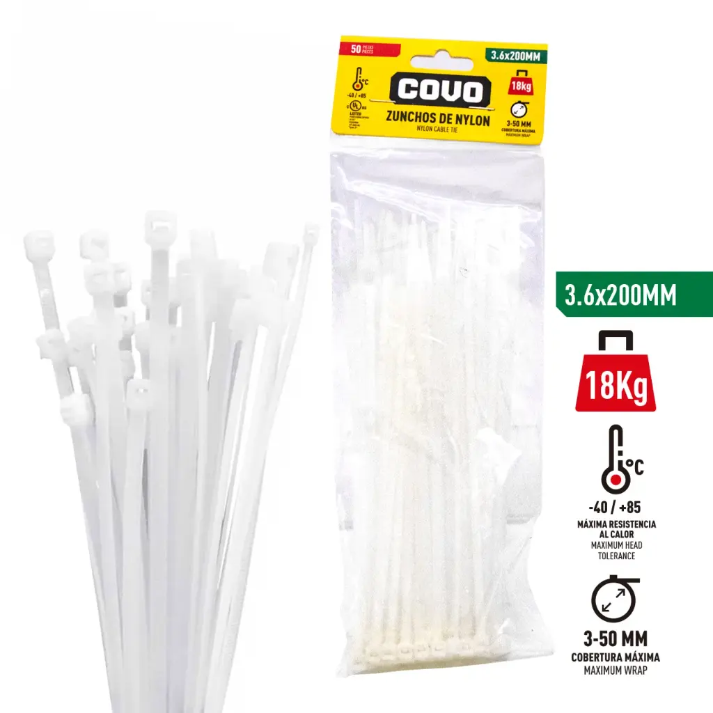 [686345] AMARRE NYLON 3,6X200MM BLANCO X 50 Unds.