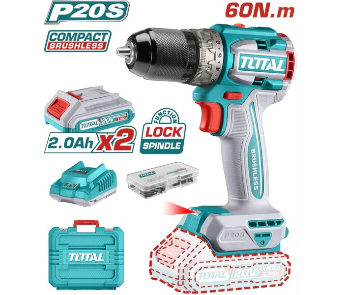 Taladro Atornillador Inalámbrico 1/2” 20V TOTAL | 2 Baterías 2.0Ah + 47 Accesorios