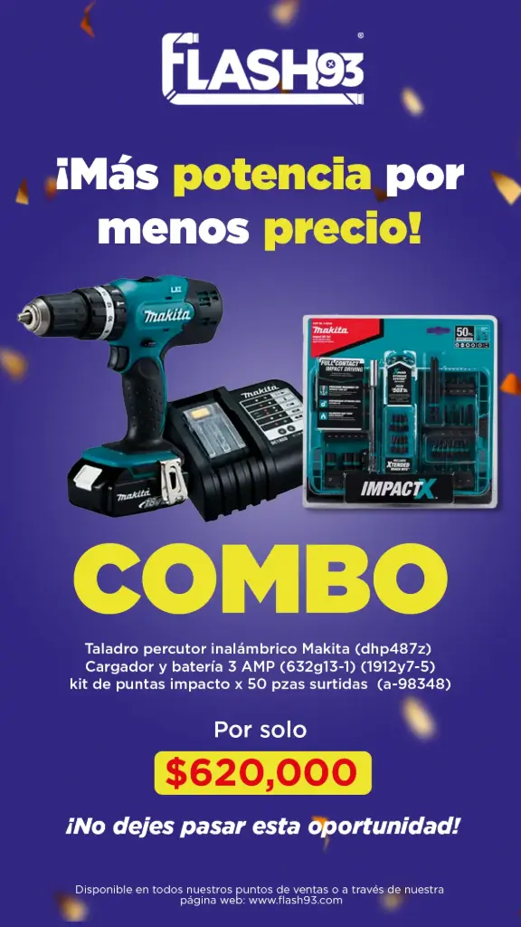 Combo Profesional Makita: Taladro Percutor Inalámbrico 1/2” + Kit de Puntas de Impacto (50 piezas)