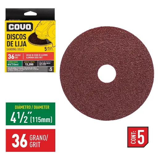 [(CV-SD-1536)] DISCOS DE LIJA PARA ESMERIL 4.5' GRANO 36 x 5 unds.