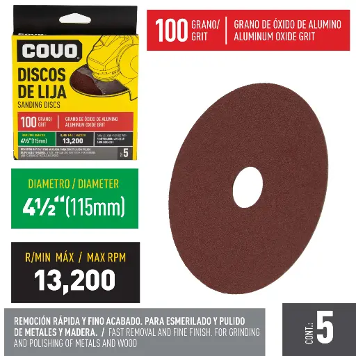 [(CV-SD-15100)] DISCOS DE LIJA PARA ESMERIL 4.5' x 5 Unds