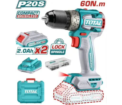 [UTDLI20602] Taladro Atornillador Inalámbrico 1/2” 20V TOTAL | 2 Baterías 2.0Ah + 47 Accesorios